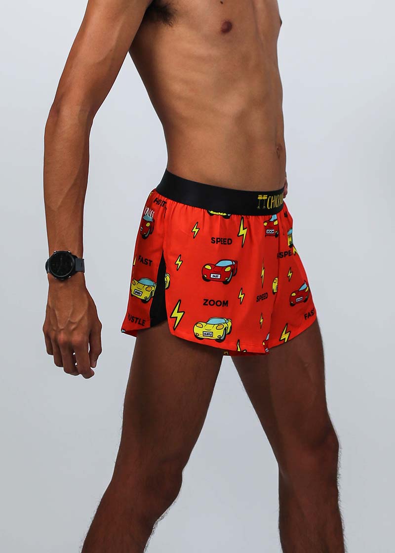 Closeup side view of the men's 2 inch cars split running shorts.