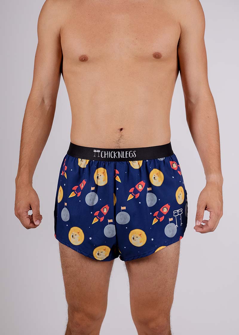 Front view of the ChicknLegs men's cryptocurrency 2 inch split running shorts.