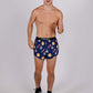 Full body view of the ChicknLegs men's cryptocurrency 2 inch split running shorts.