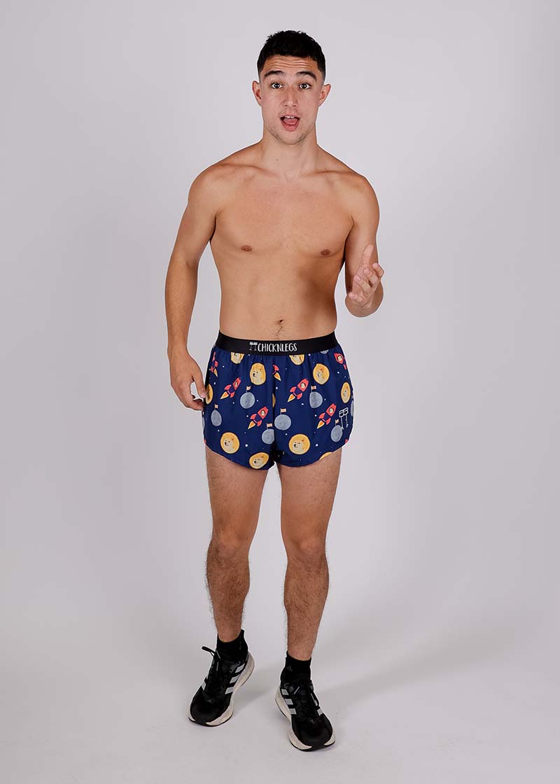 Full body view of the ChicknLegs men's cryptocurrency 2 inch split running shorts.