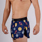 Left side view with the logo of the ChicknLegs men's cryptocurrency 2 inch split running shorts.