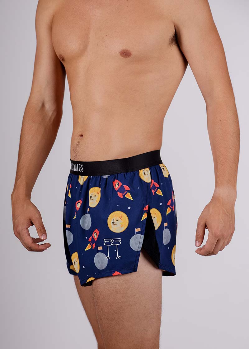 Left side view with the logo of the ChicknLegs men's cryptocurrency 2 inch split running shorts.