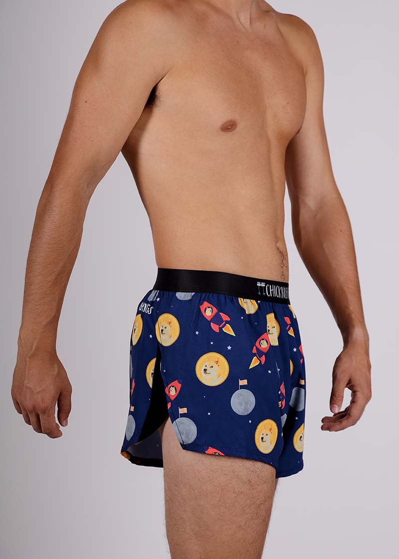 Side view of the ChicknLegs men's cryptocurrency 2 inch split running shorts.