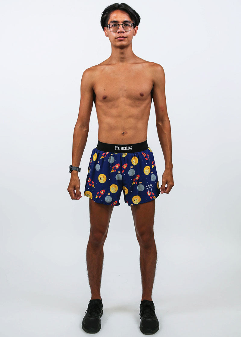 Full body view of the men's 4 inch crpyto half split shorts.