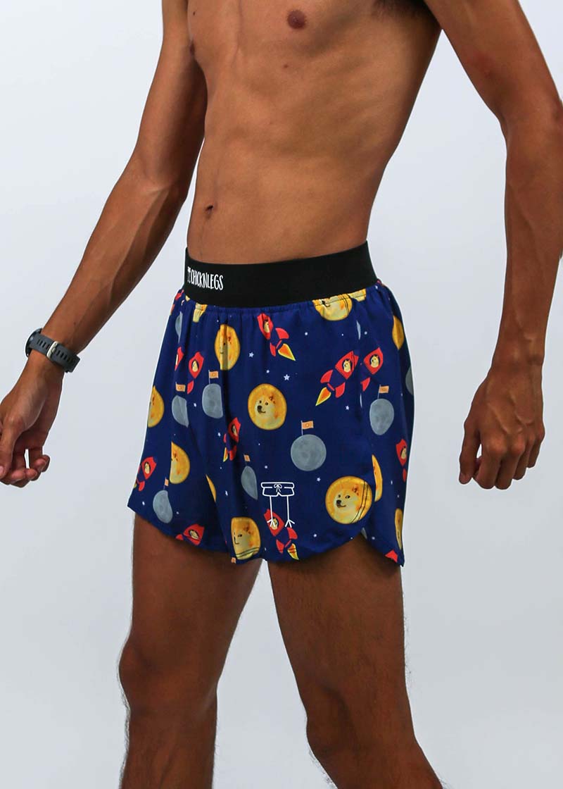Closeup side logo view of the men's 4 inch crpyto half split shorts.