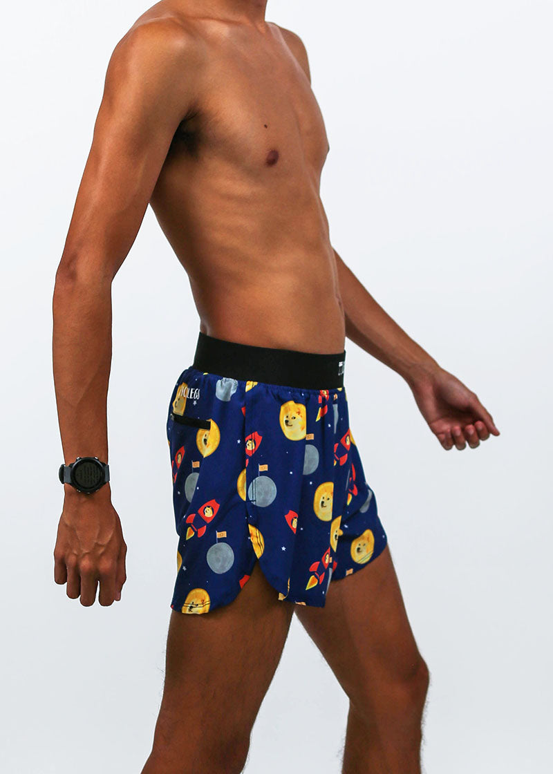 Closeup right side view of the men's 4 inch crpyto half split shorts.