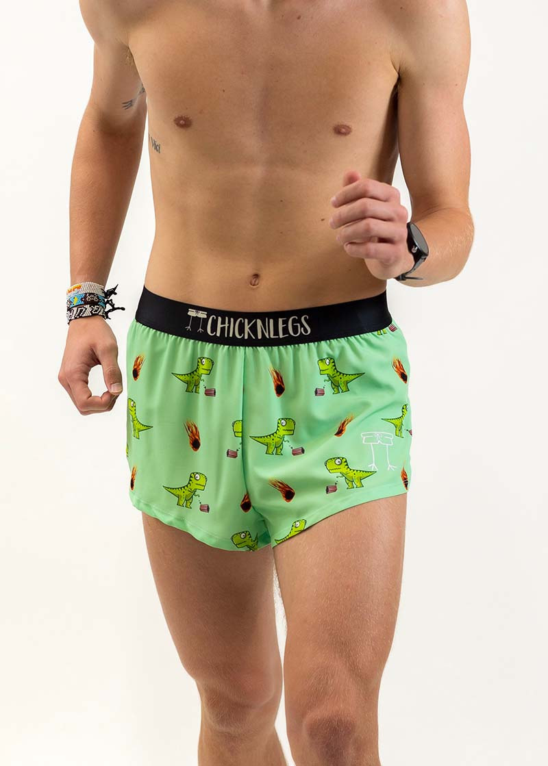 Front view of the men's 2 inch dino running shorts from ChicknLegs.
