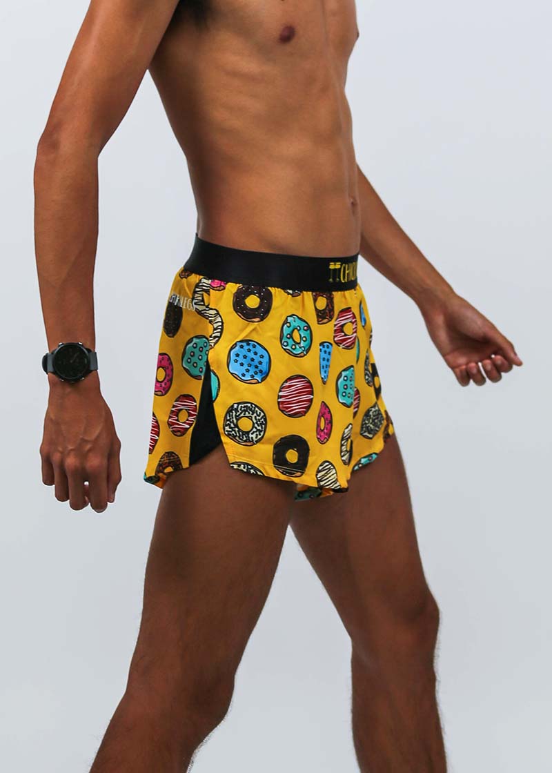 Side view of the men's salty donuts 2" split running shorts from ChicknLegs.