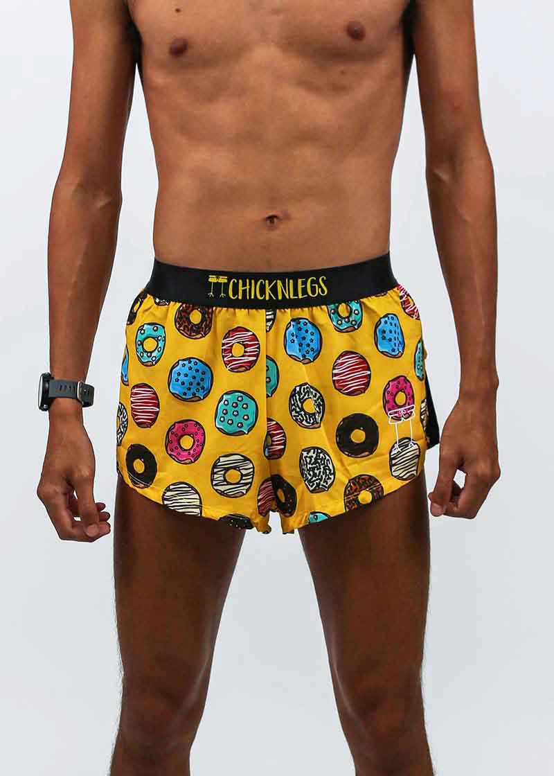 Front view of the men's salty donuts 2" split running shorts from ChicknLegs.
