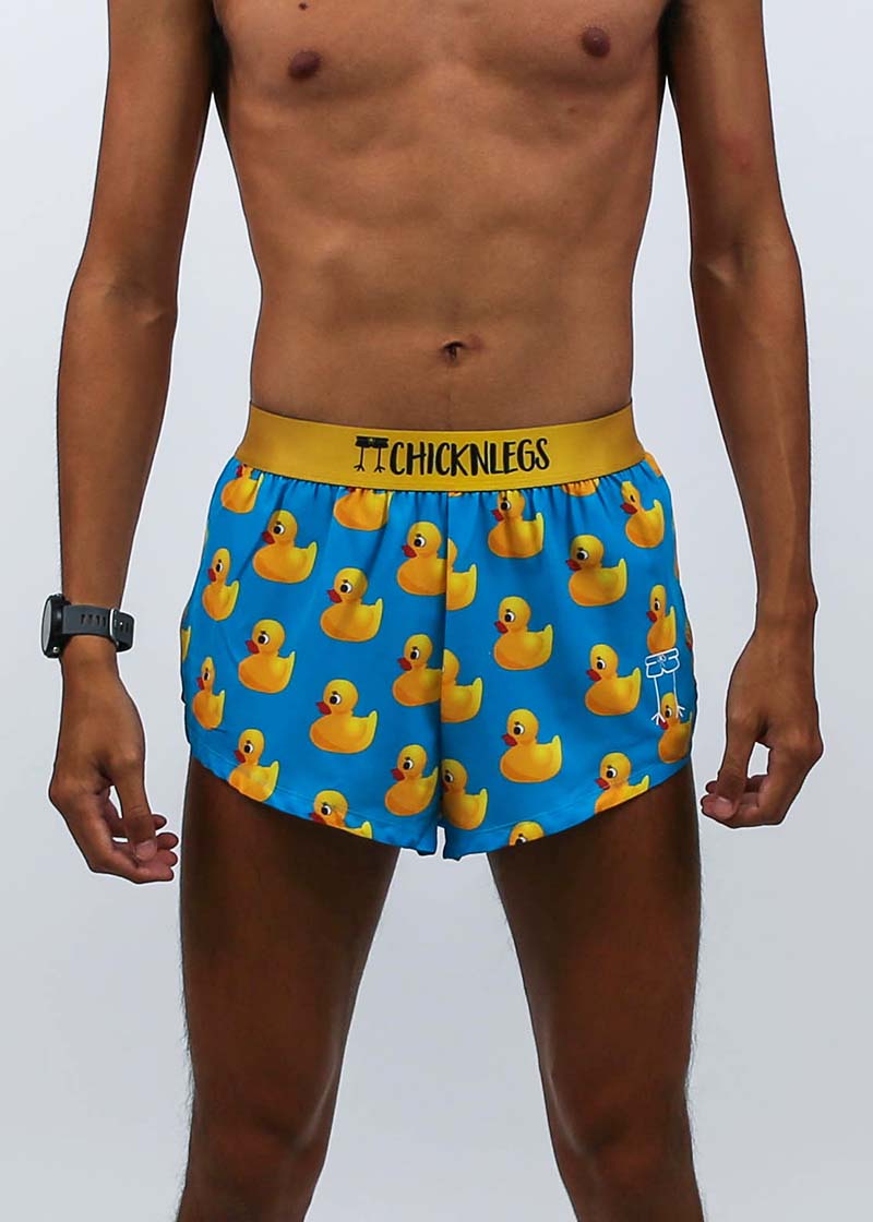 Front closeup view of the Men's rubber ducky 2" split running shorts.