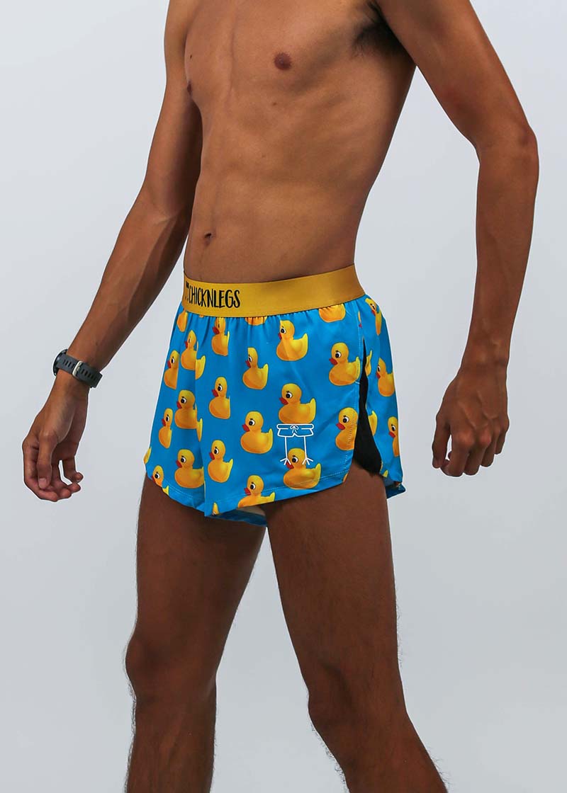 Side view of the Men's rubber ducky 2" split running shorts.