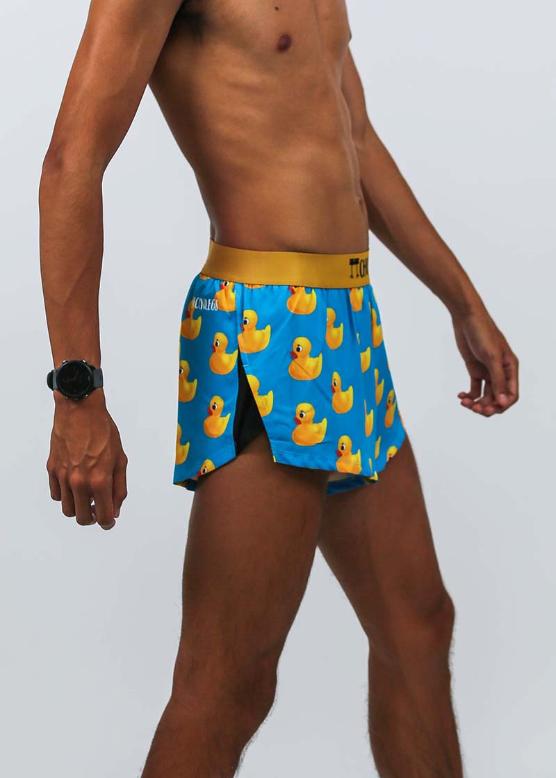 Right side closeup view of the Men's rubber ducky 2" split running shorts.