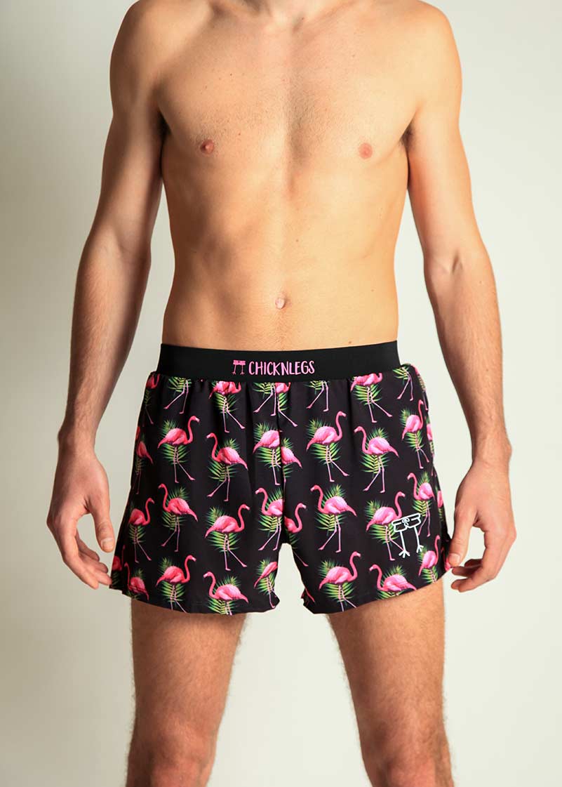 ChicknLegs men's flamingo 4" half split running shorts front closeup photo.