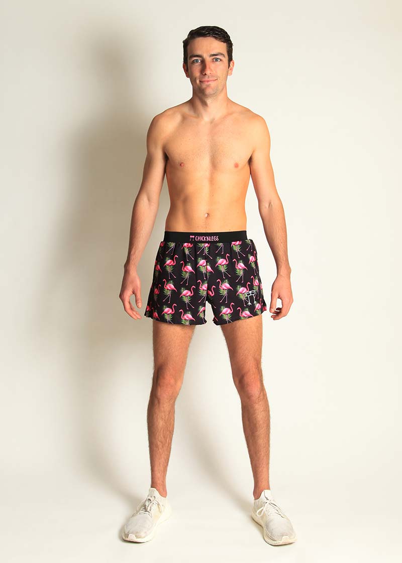 ChicknLegs men's flamingo 4" half split running shorts full body view.
