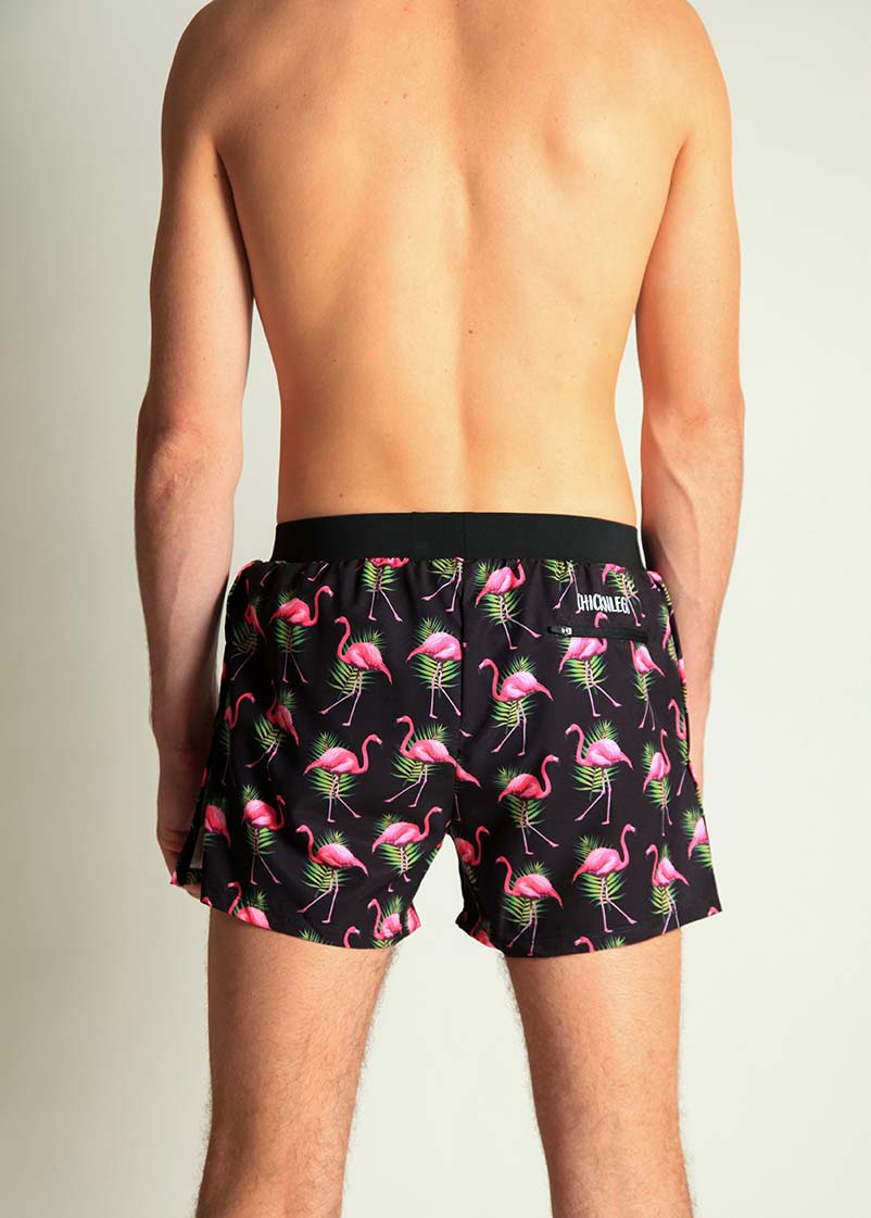 ChicknLegs men's flamingo 4" half split running shorts rear view with zipper pocket.