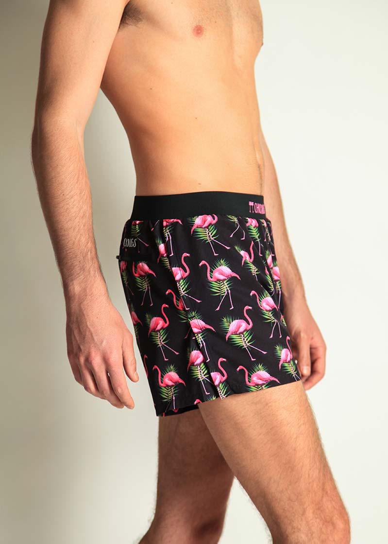 ChicknLegs men's flamingo 4" half split running shorts side closeup photo.