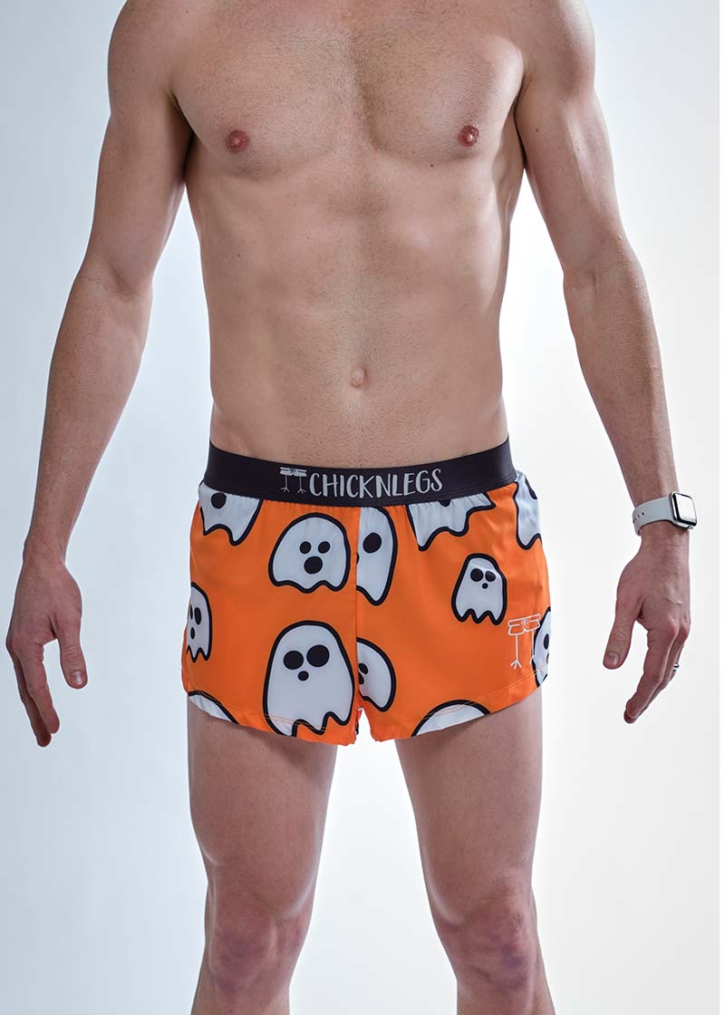 Front closeup view of the ChicknLegs men's 2 inch ghosts split running shorts.
