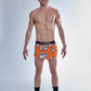 Full body view of the ChicknLegs men's 2 inch ghosts split running shorts.