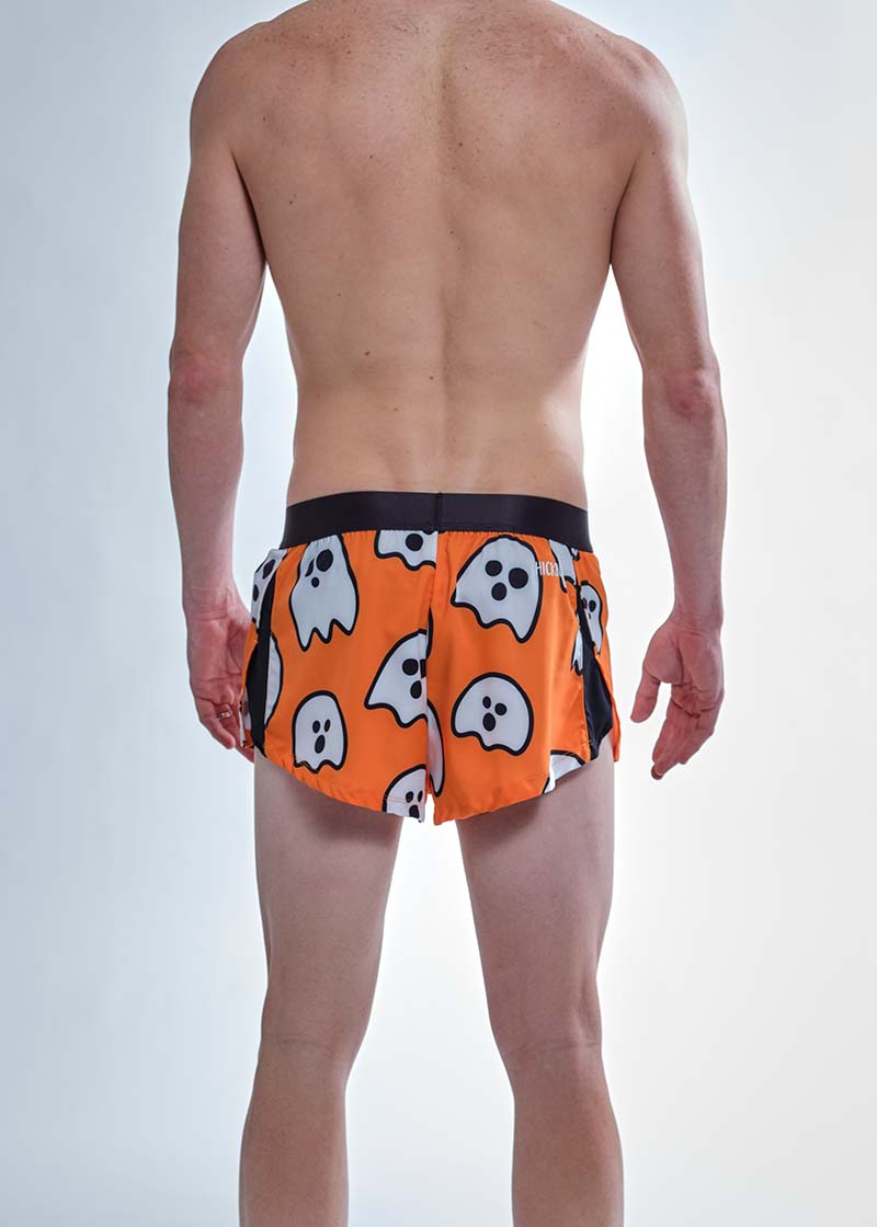 Rear view of the ChicknLegs men's 2 inch ghosts split running shorts.