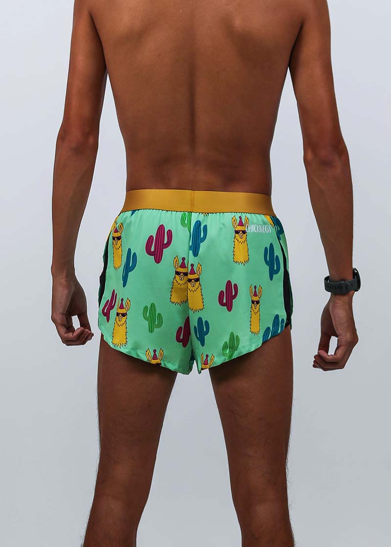 Closeup rear view of the men's 2 inch green llama running shorts.
