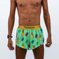 Closeup front view of the logo and split on the men's 2 inch green llama running shorts.