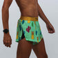 Closeup side view of the men's 2 inch green llama running shorts.