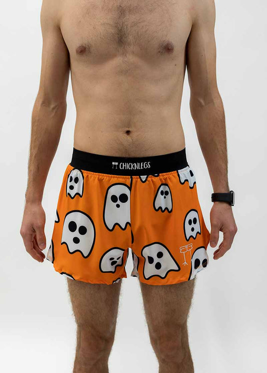 Front view of the men's halloween ghosts 4 inch running shorts from ChicknLegs.