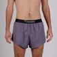 Front closeup view of the ChicknLegs men's heather grey 2 inch split running shorts.