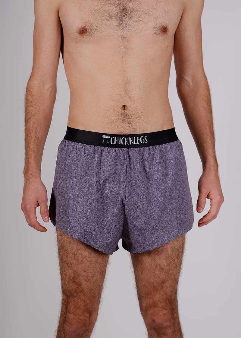 Front closeup view of the ChicknLegs men's heather grey 2 inch split running shorts.
