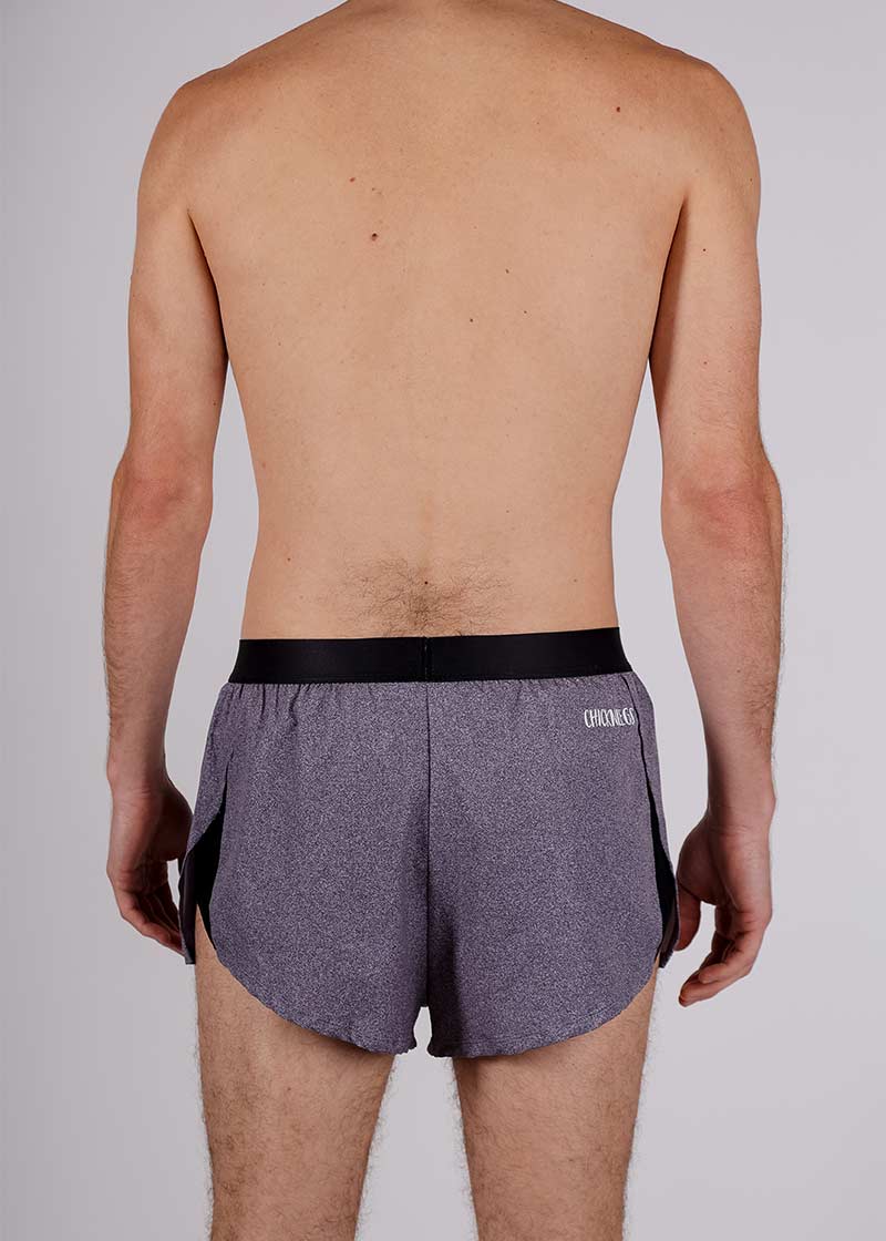 Rear closeup view of the ChicknLegs men's heather grey 2 inch split running shorts.