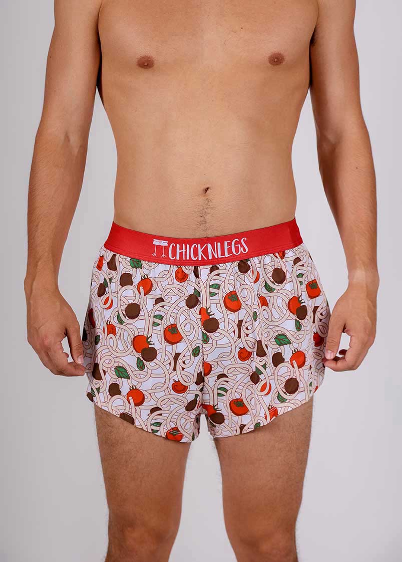 ChicknLegs men's 2" pasta night split running shorts front closeup view.