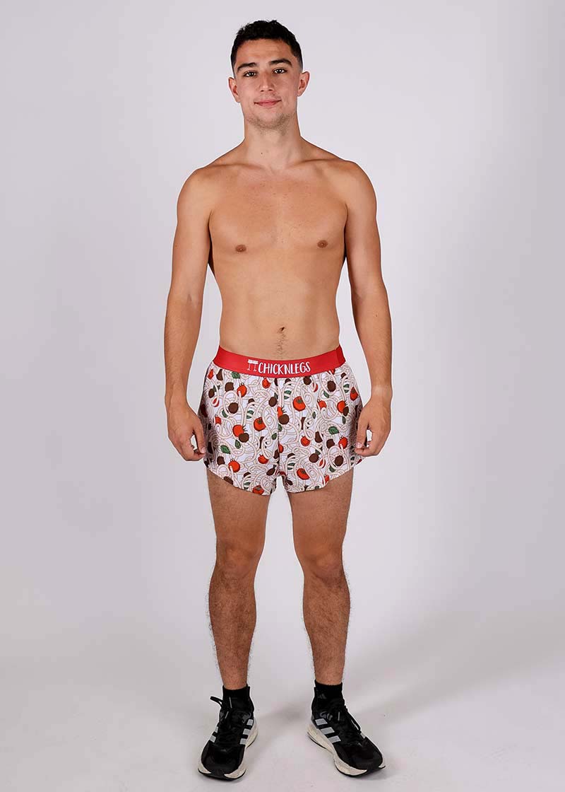 ChicknLegs men's 2" pasta night split running shorts front full body view.