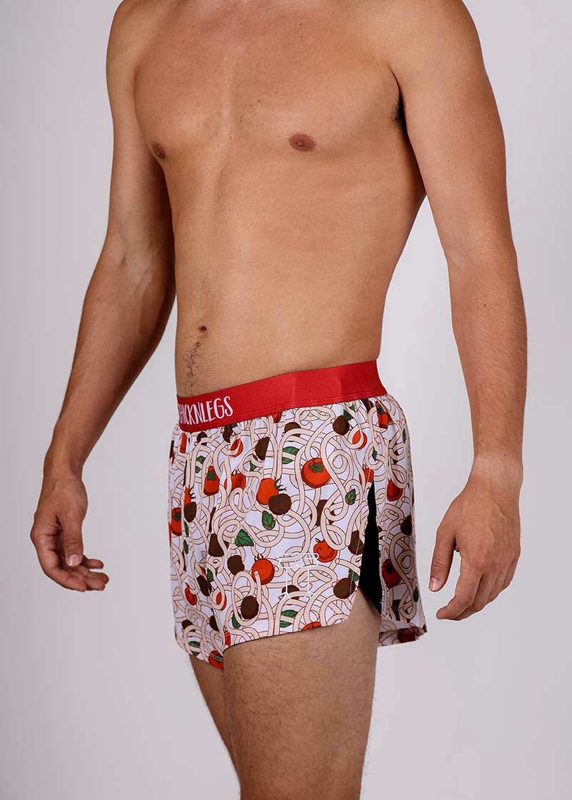 ChicknLegs men's 2" pasta night split running shorts front side view of the ChicknLegs logo.