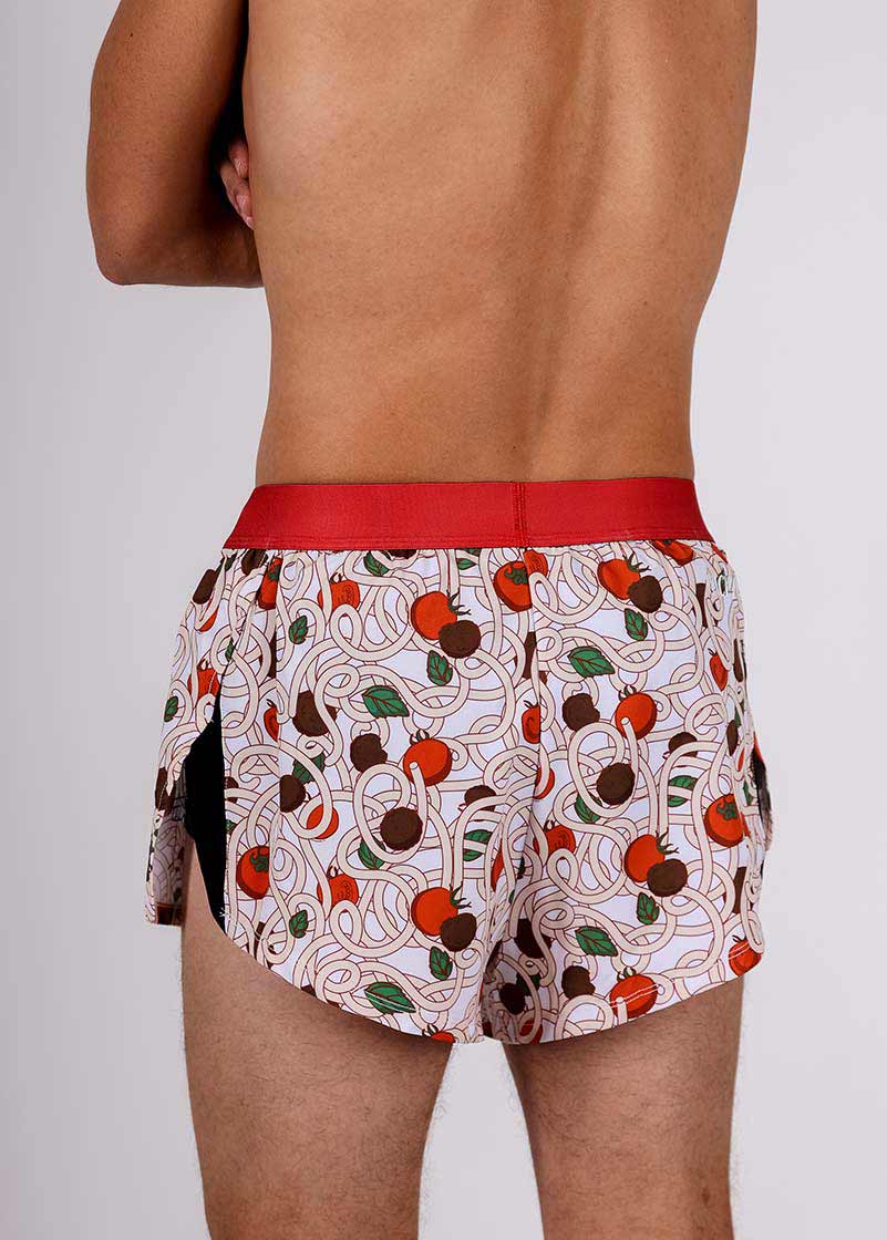 ChicknLegs men's 2" pasta night split running shorts rear closeup view.