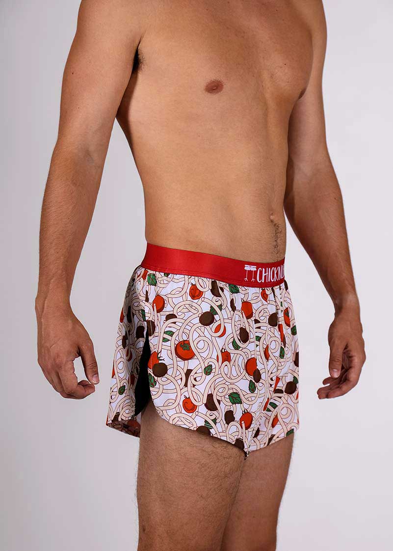 ChicknLegs men's 2" pasta night split running shorts front side view.
