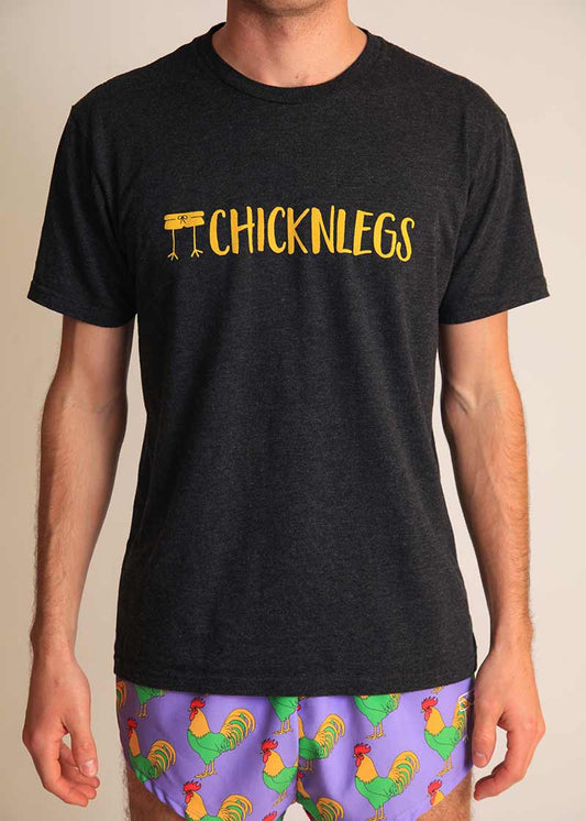 chicknlegs men's heather grey performance logo t-shirt front view..