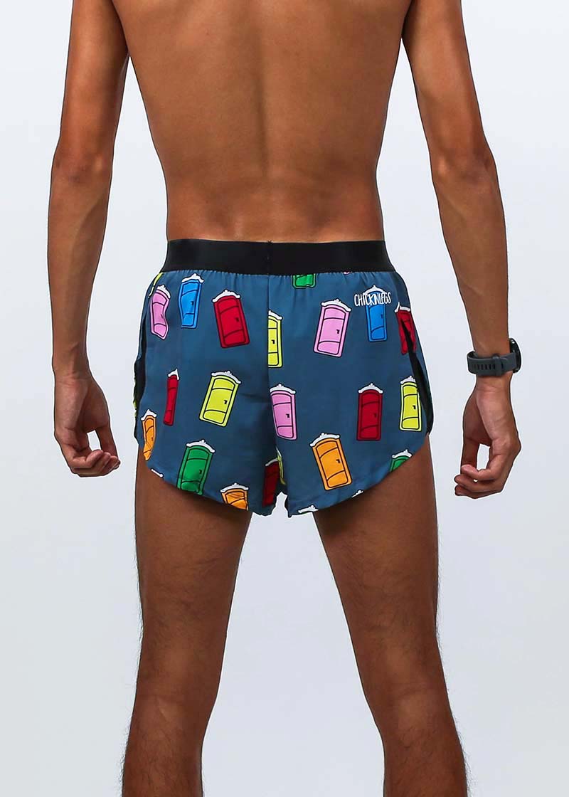 Rear closeup view of the men's 2 inch porta-potty split running shorts.