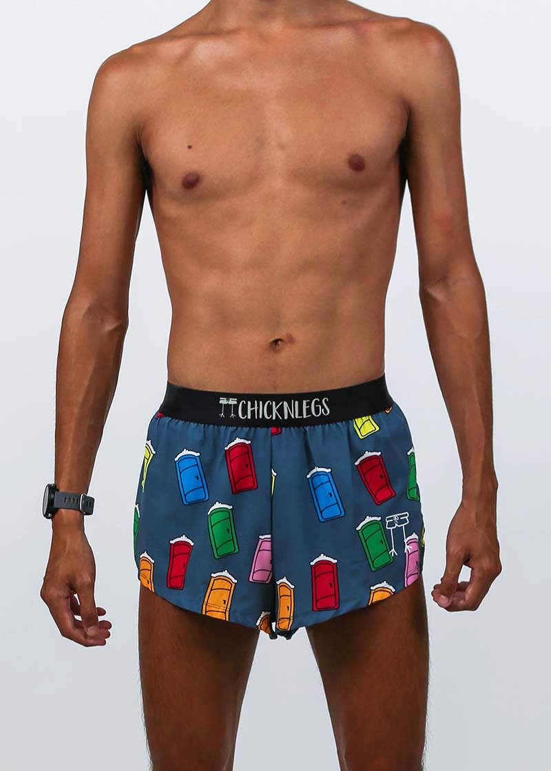 Closeup front view of the men's 2 inch porta-potty split running shorts.