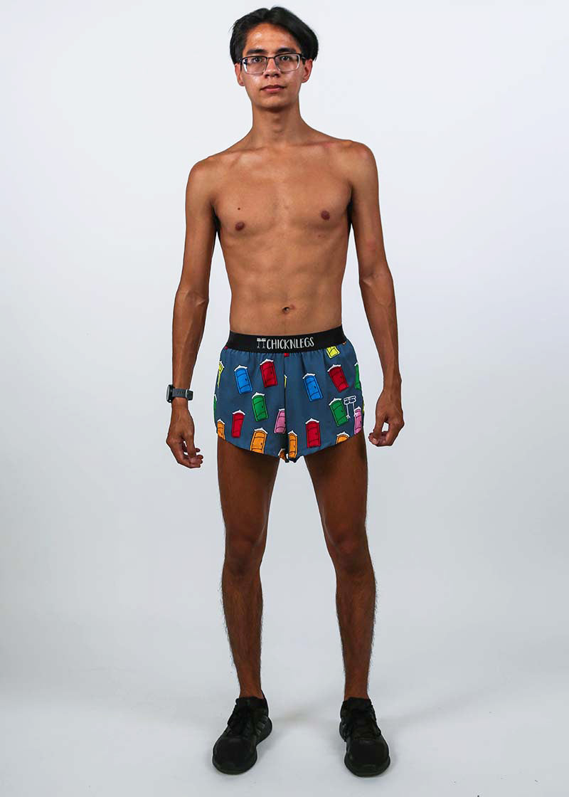 Full body view of the men's 2 inch porta-potty split running shorts.