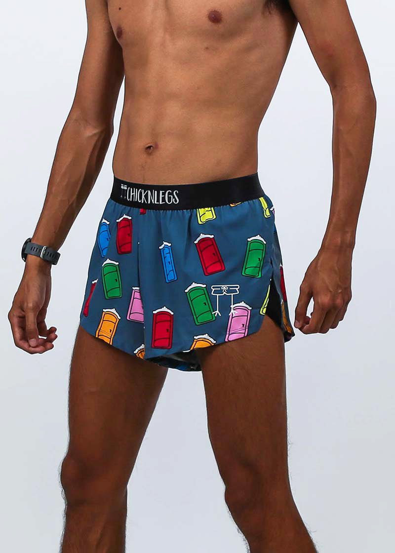Left side closeup view of the men's 2 inch porta-potty split running shorts.