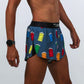 Right side closeup view of the men's 2 inch porta-potty split running shorts.