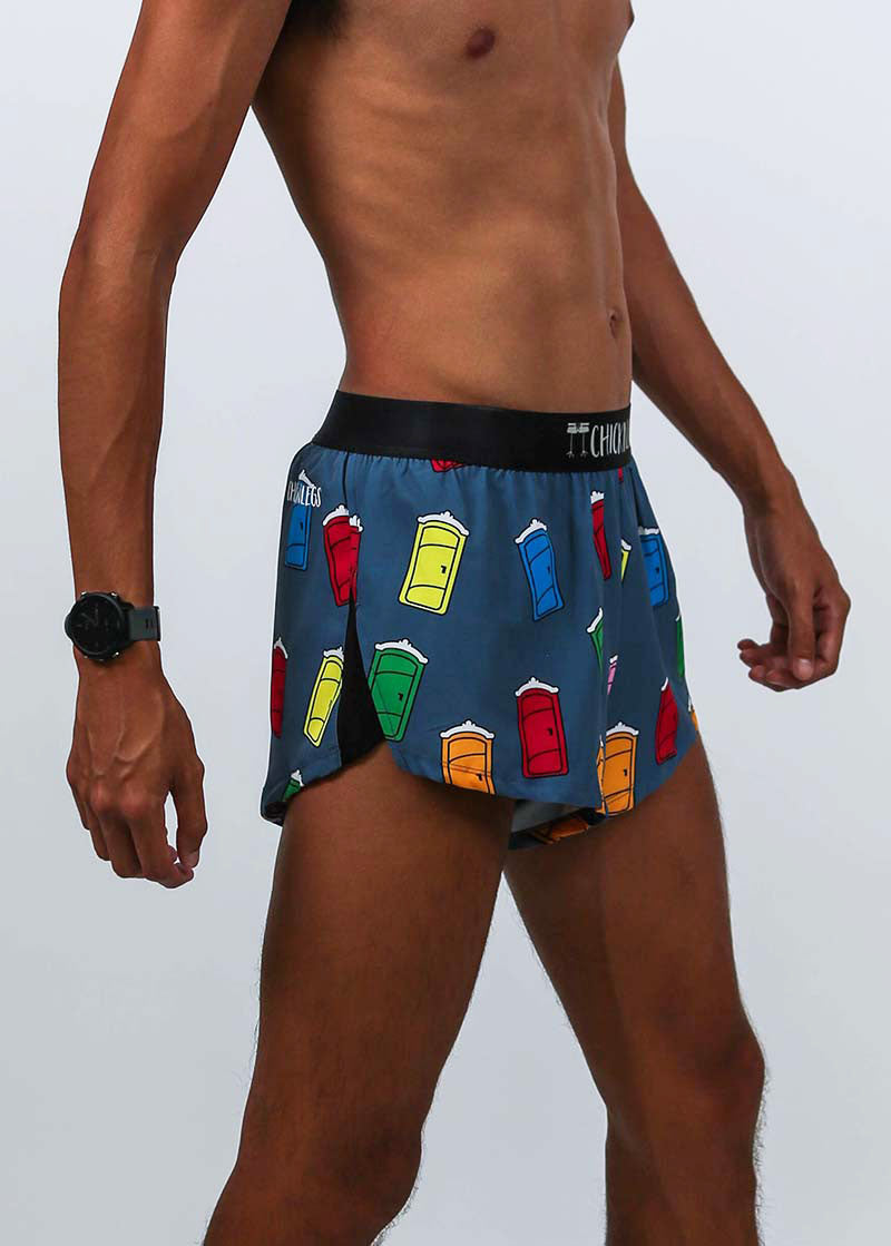 Right side closeup view of the men's 2 inch porta-potty split running shorts.