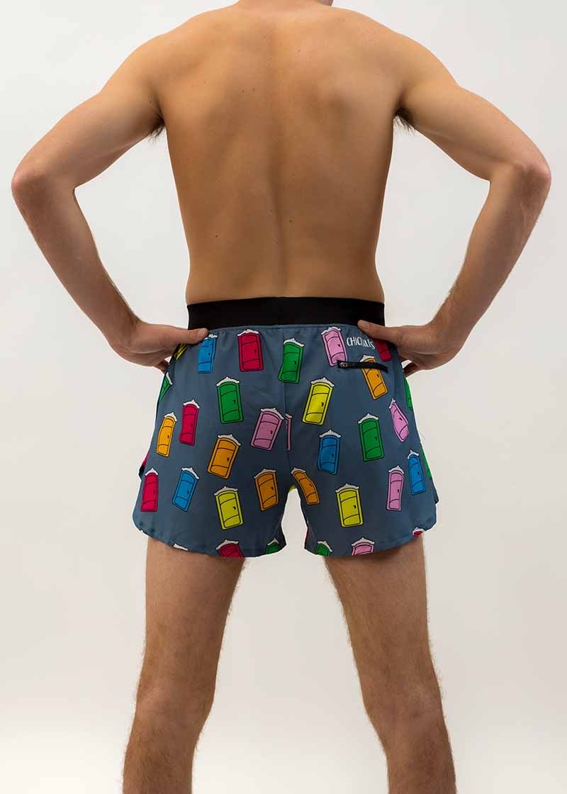 Back view of the men's porta potty 4 inch half split running shorts.