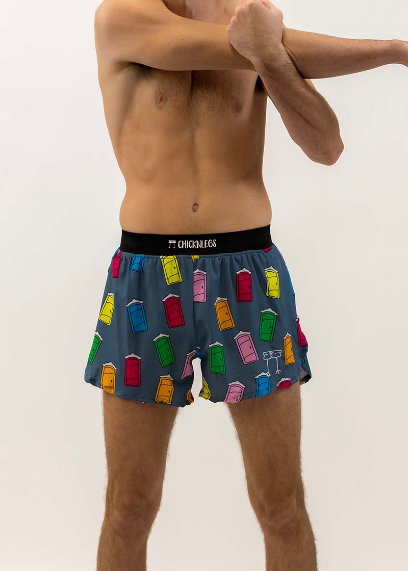 Closeup front view of the men's porta potty 4 inch half split running shorts.