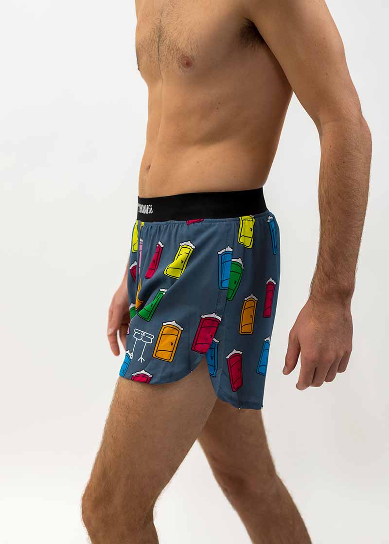 Side view of the men's porta potty 4 inch half split running shorts.