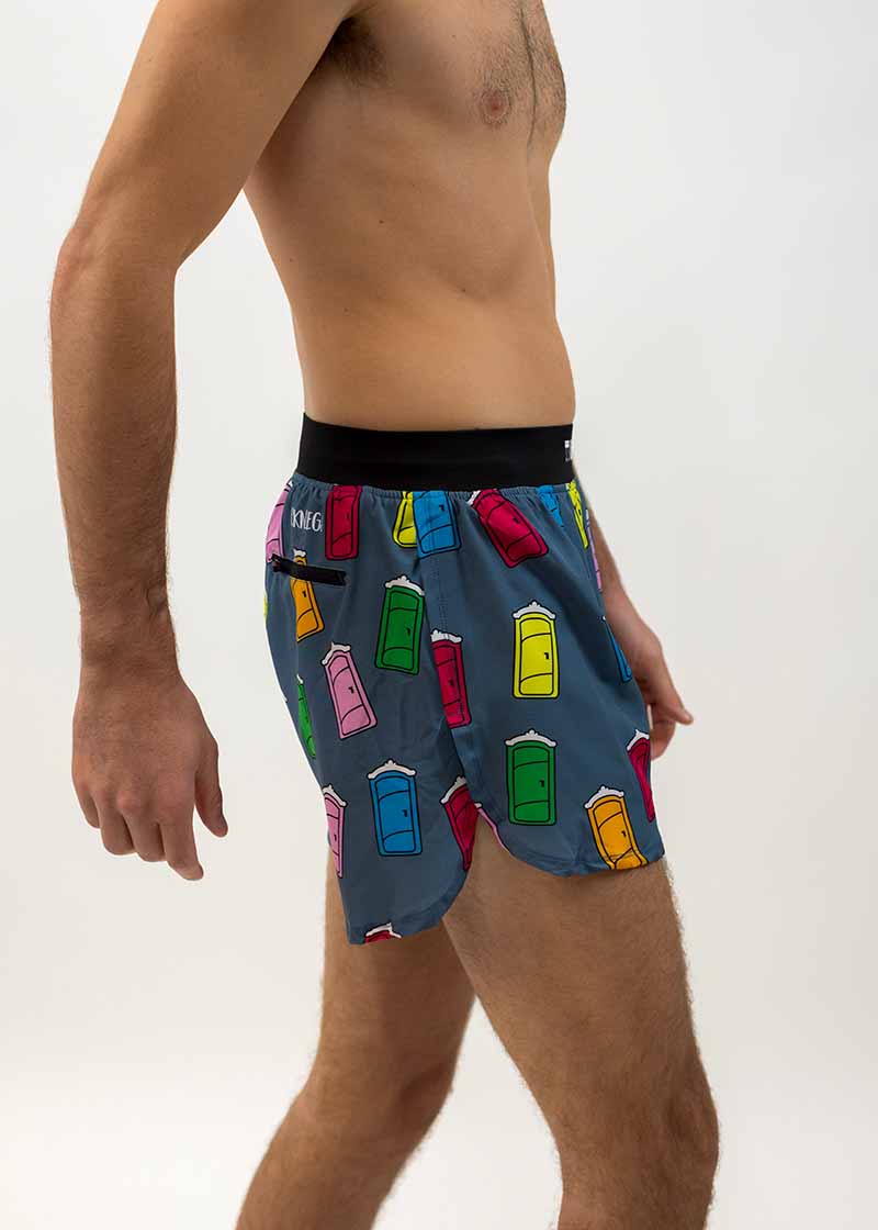 Right side view of the men's porta potty 4 inch half split running shorts.