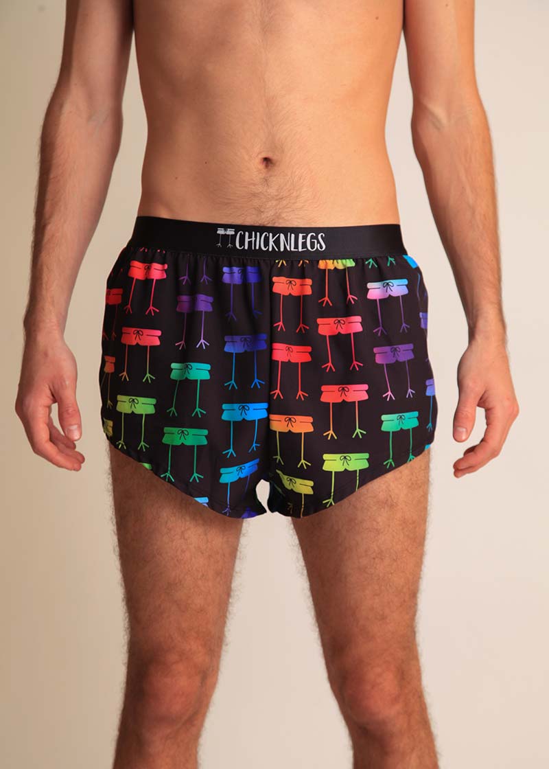 chicknlegs rainbow mile men's 2" split running shorts front view.
