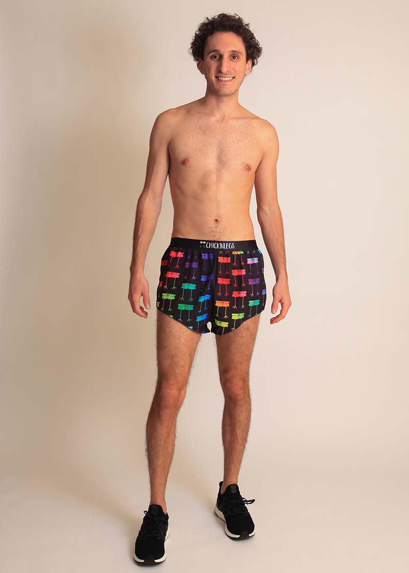 chicknlegs rainbow mile men's 2" split running shorts full body view.
