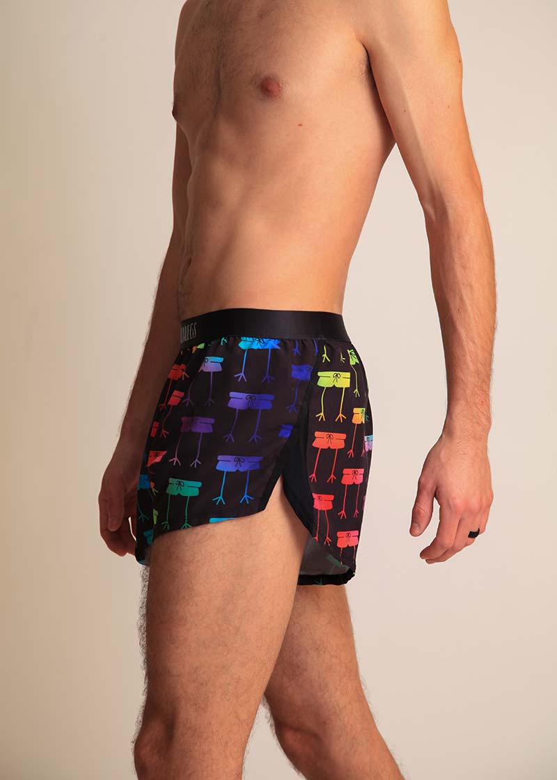chicknlegs rainbow mile men's 2" split running shorts side view of the logo.