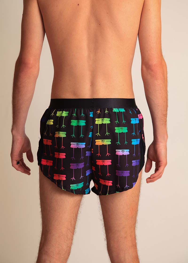 chicknlegs rainbow mile men's 2" split running shorts rear view.